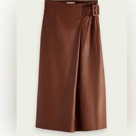 Scotch and Soda Skirt Midi Wrap Over Belted Faux Vegan Leather Tan Brown Size XS - Picture 3 of 12